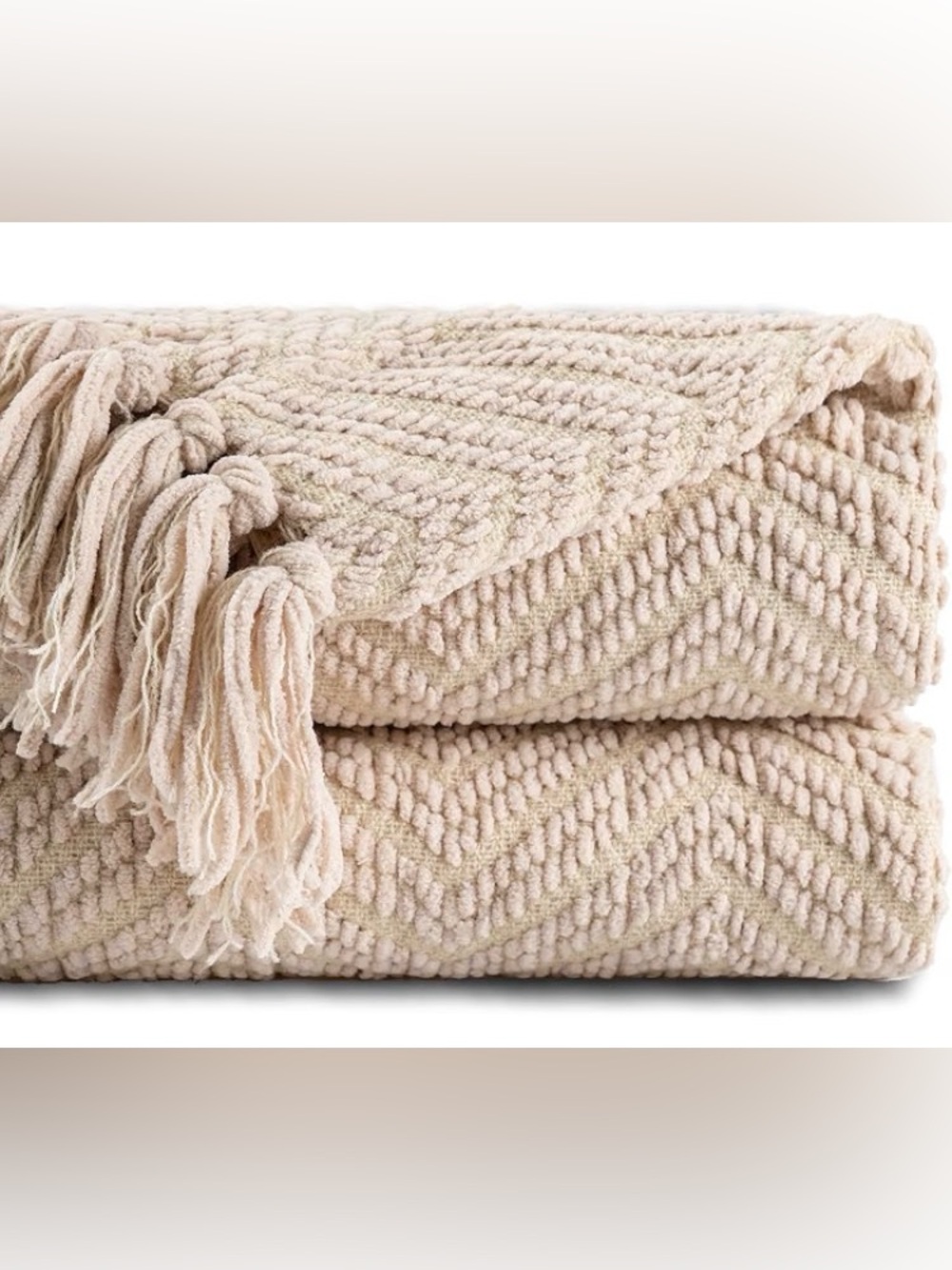 Cream Chevron Tassel Throw Blanket - Cozy Textured Home Throw